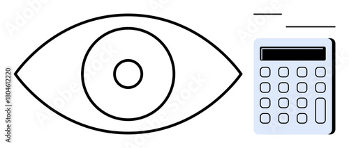 Eye outline next to calculator representing analytical thinking, calculation, vision, data analysis, finance, monitoring, and problem-solving. Ideal for finance, insight metrics logical thinking