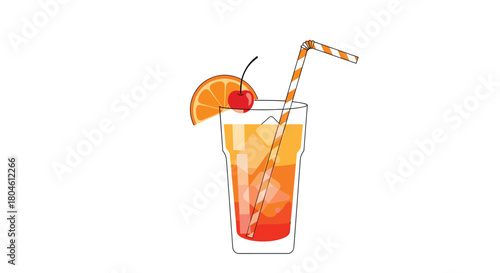 A colorful orange and red cocktail with ice, a straw, and a garnish of orange slice and cherry.