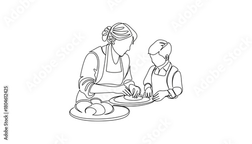 Mother and child baking together line art vector illustration