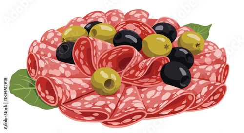 A platter of thinly sliced salami and cured meats with black and green olives and garnish.