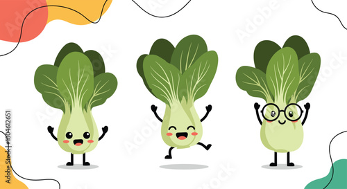 Three happy cartoon bok choy characters in various poses against a white background with abstract shapes.