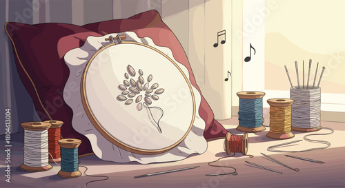 Embroidery hoop with floral design and spools of thread by a window.