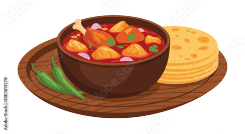 A close-up view of a traditional Indian chicken curry dish with flatbread and green chilies on a wooden platter.