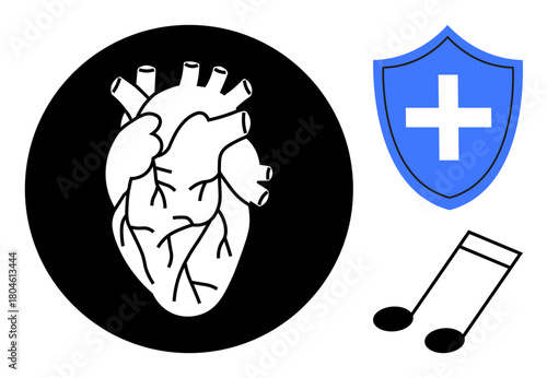 Anatomical heart set in black circle beside blue medical shield with cross and musical note. Ideal for healthcare, cardiology, wellness, preventive care, medicine, music therapy, simple flat metaphor