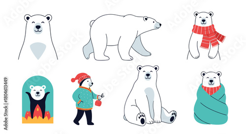 A collection of charming, hand-drawn polar bear illustrations in various poses and winter attire.