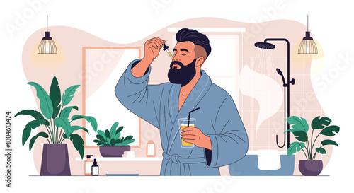 Man in a bathrobe applying beard oil in a modern bathroom with plants and a shower.