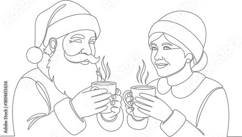 Santa mrs claus christmas holiday winter line art drawing outline couple love