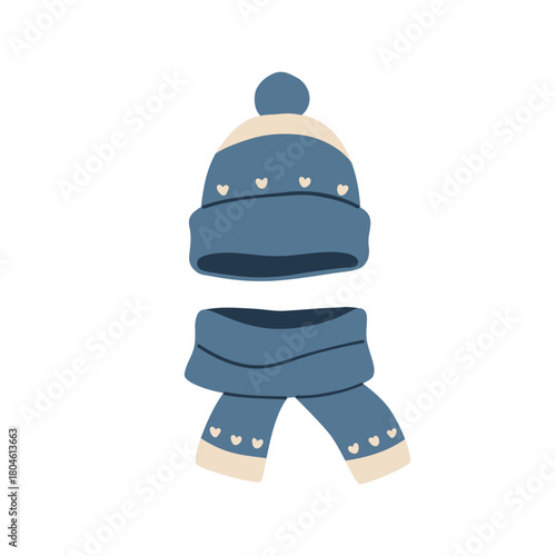 Winter beanie hat and scarf, woolen knitted clothing. Cold season accessories. Wool cap, warm neck wear. Thick knitwear, apparel with pompom. Flat vector illustration isolated on white background.