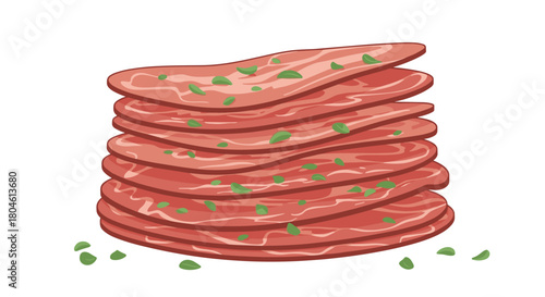 Stack of thinly sliced cured meat with green herbs sprinkled on top.