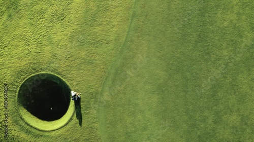 Aerial view of a golf course hole showcasing vibrant green grass and a solitary golfer preparing to putt in early morning light