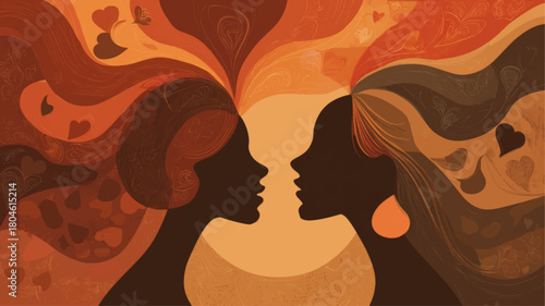 Warm flowing silhouettes celebrating Galentine’s Day with expressive abstract hearts and vibrant feminine shapes symbolizing friendship and sisterhood.