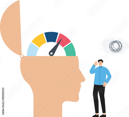 stressful work and focus on work, stressed businessman with a big head indicator. Deadline pressure and stressful work
