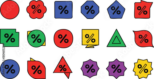 Geometric Shapes with Discount Percentages in Bold Color Scheme