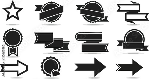 Black and White Emblem Collection Stars, Banners, and Arrows Vector Set