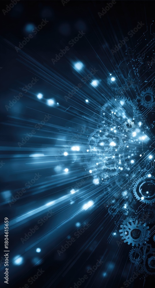 Naklejka premium Abstract illustration of interconnected gears and glowing light beams