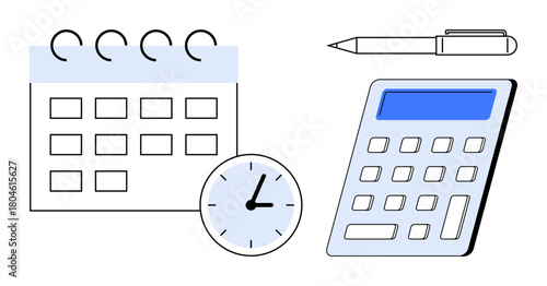 Calendar, analog clock, pen, and calculator showcasing planning, scheduling, and calculating. Ideal for organization, productivity, office work finance deadlines efficiency simple flat metaphor