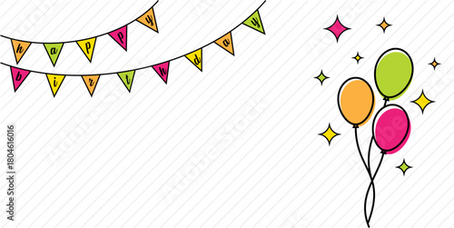 Happy Birthday Celebration Banner with Bunting Flags, Colorful Balloons and Stars