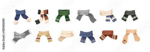 Kids winter scarf, cold season neck wear, accessory set. Warm scarves, children neckwear wrapped. Woolen knitted clothes, wool pompoms, patterns. Flat vector illustration isolated on white background.