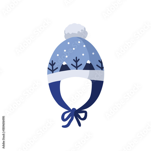 Winter hat for baby. Warm cap with earflaps, ties and pompom. Woolen knit wear. Wool head accessory for child. Thick clothing for cold season. Flat vector illustration isolated on white background.