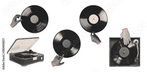 Retro elements vinyl, record player and hands  with a halftone effect. Vector illustration featuring grayscale dots suitable for collages, posters, prints, or music covers on an isolated background.