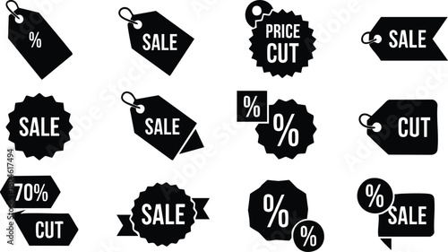 Collection of Black and White Sale Tags and Price Cuts for Marketing Promotions