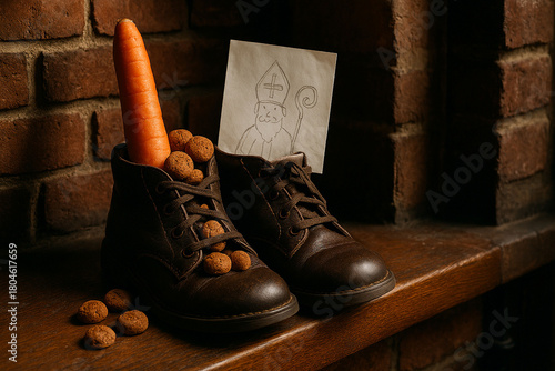 Still Life of Sinterklaas Tradition with Shoes, Carrot, and Pepernoten