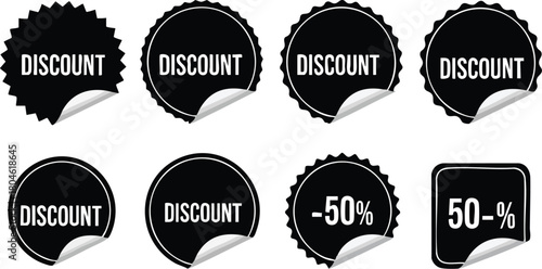 Variety of Black Discount Stickers with Peel Effect for Sales and Promotions