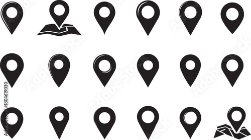 Collection of Black Location Pin Icons of Varying Shapes and Styles