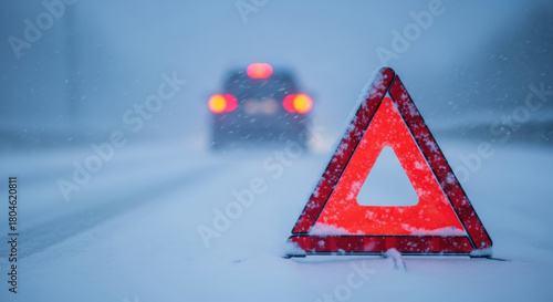 Red emergency warning triangle covered in snowflakes on winter stormy road in blizzard. Blurred stuck car taillights background. Global Road Safety Week, Winter Emergency Preparedness Day
