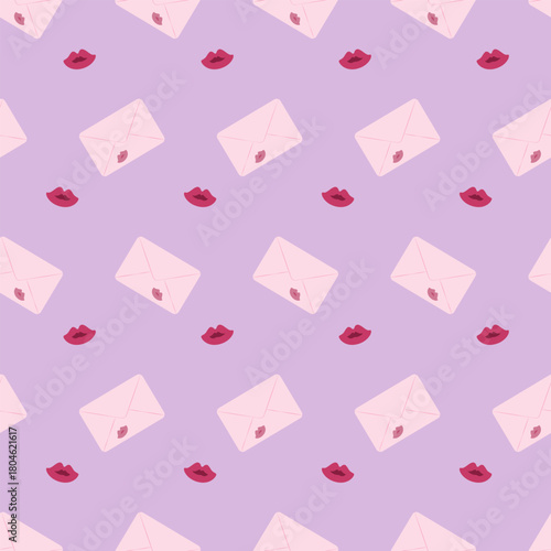 Charming seamless pattern featuring repeating pastel pink envelopes sealed with lipstick kisses and floating lips on a soft purple background, ideal for digital paper and romantic textile prints.