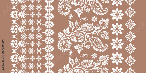 floral pattern vintage ethnic modern embroidery texture boho design vector illustration hand drawn pink flower motif branches leaves wallpaper seamless background border.	
