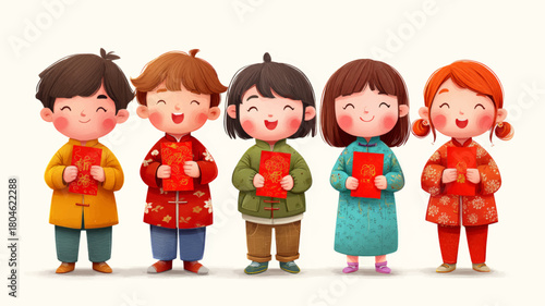 Adorable children in traditional outfits holding red envelopes during joyful Lunar New Year 2026 celebration in a bright festive vector scene.