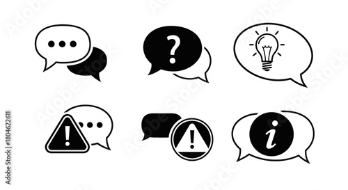 Collection of communication icons featuring speech bubbles with dots question mark lightbulb exclamation point and information symbol on a clean white background