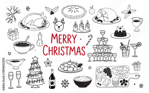 hand drawn merry Christmas dinner doodle illustrations