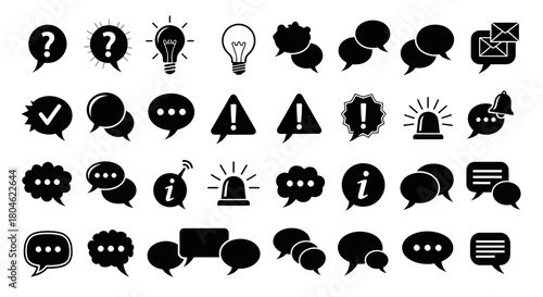 Collection of black and white communication icons representing messages alerts ideas and notifications for use in web design and user interfaces