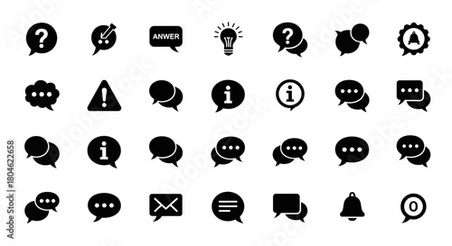 Collection of communication icons featuring speech bubbles questions answers information and notifications for web and app design resources