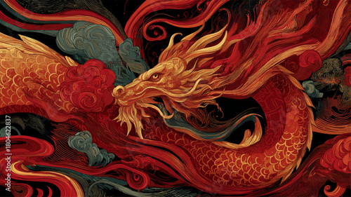 Majestic golden dragon surrounded by flowing fiery line art symbolizing strength and prosperity for the Lunar New Year 2026 celebration.