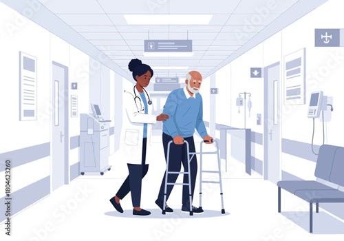 Compassionate Healthcare Professional Assisting Elderly Patient with Mobility Challenges in Hospital Corridor
