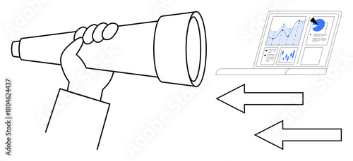 Hand using a telescope aimed at a data dashboard with charts, arrows symbolizing strategy, foresight, exploration, analytics, progress, decision-making, trend analysis and vision. A simple flat