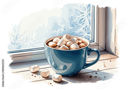 Hot chocolate cup with marshmallows near frosty window  