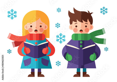 Children singing carols in winter attire with snowflakes falling  