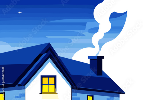 Blue house with chimney smoke under night sky concept of Christmas and New Year  