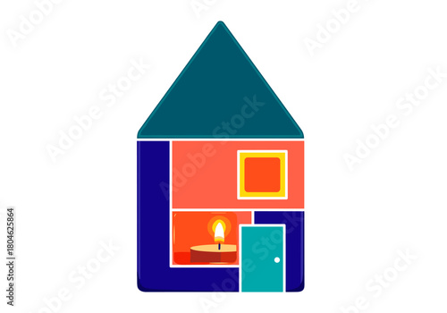 Colorful ceramic house-shaped tealight holder with lit candle  