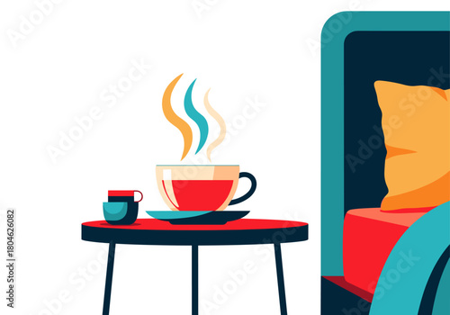 Herbal tea steaming in cup on bedside table with cozy setting  