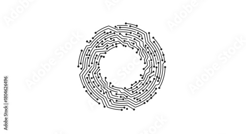 Circular circuit board design with interconnected lines and small dots, isolated.