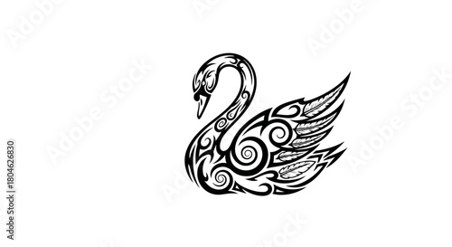 A stylized swan illustration with intricate, swirling black and white tribal patterns.