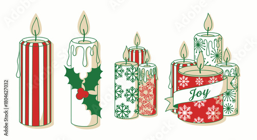 Festive illustration of several lit candles with various holiday-themed decorations and designs.