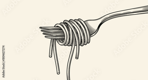 Close-up illustration of a fork holding a tightly wound portion of spaghetti.