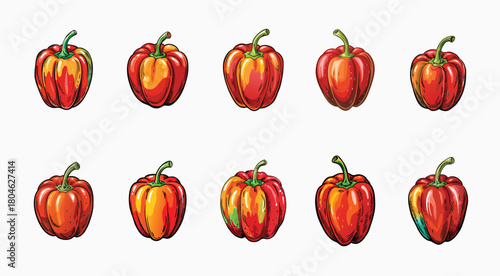 Vibrant watercolor style illustration of ten red bell peppers on white background