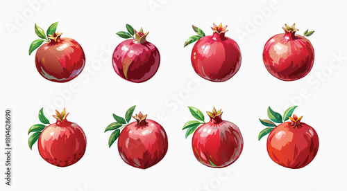 A vivid watercolor painting of fresh pomegranates in a row on white